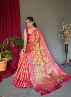 Peach color tussar silk saree with zari weaving work