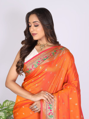 Orange color soft paithani silk saree with zari woven work