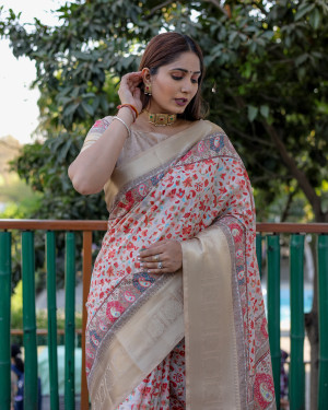Beige color Linen silk saree with digital printed work