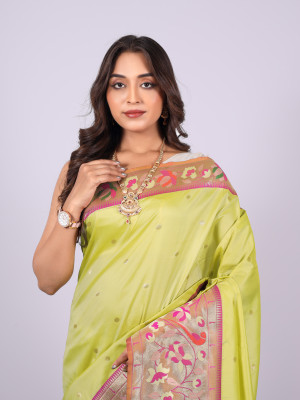 Parrot green color paithani silk saree with zari woven work