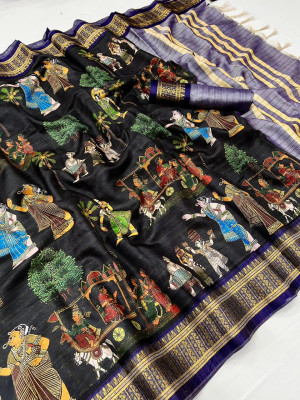 Black color soft cotton silk saree with digital printed work
