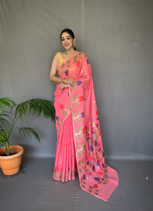 Gajari color linen silk saree with woven design