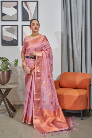 Lavender color tissue silk saree with zari weaving work