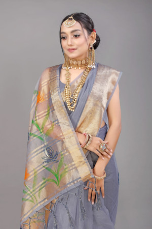 Gray color soft organza silk saree with digital printed work