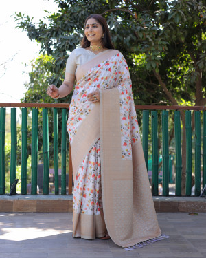 Off white color soft banarasi silk saree with digital printed work