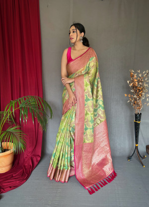 Green color tussar silk saree with zari weaving work