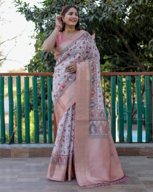 Off white color linen silk saree with digital printed work