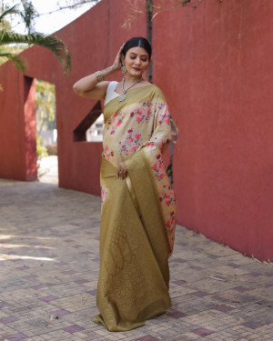 Mahendi green color soft fancy silk saree with digital printed work