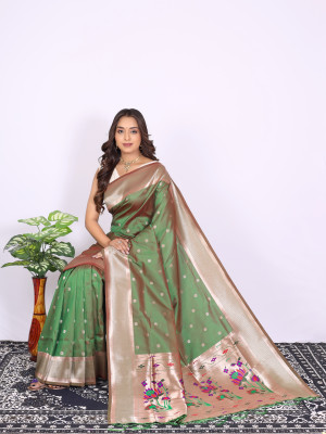 Mahendi green color paithani silk saree with zari  weaving work