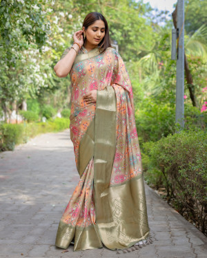 Mahendi green color dola silk saree with digital printed work
