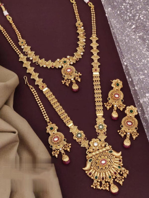 Stone studded with double layered golden plated necklace set