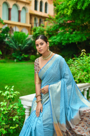 Sky blue color chanderi cotton saree with woven design