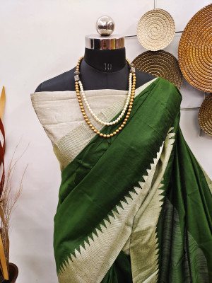 Bottle green color banglori raw silk saree with woven design