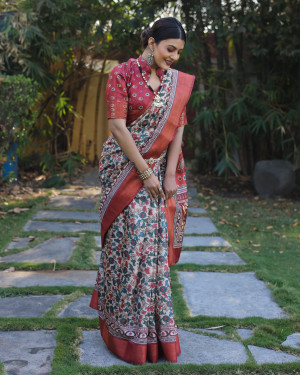 Beige color tussar silk saree with digital printed work