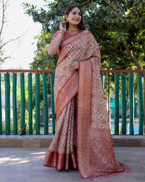 Mustard yellow and brown color linen silk saree with digital printed work