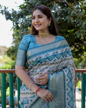 Off white and green color linen silk saree with digital printed work
