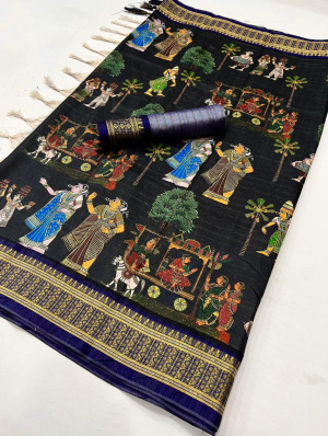 Black color soft cotton silk saree with digital printed work