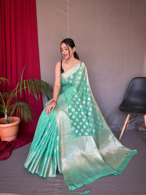 Sea green color linen silk saree with zari weaving work