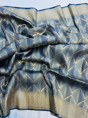 Navy blue and gray color kanchipuram silk saree with zari weaving work