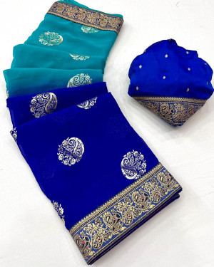 Green and royal blue color georgette saree with foil printed work