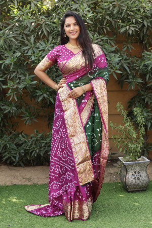 Multi color bandhej silk saree with printed work