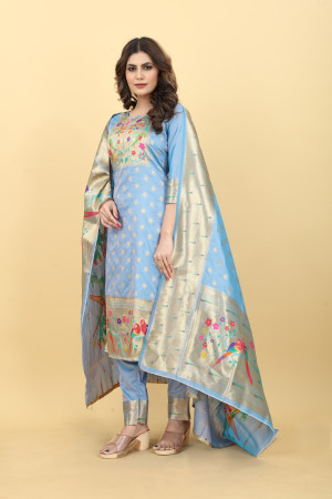 Sky blue color paithani silk unstitched dress