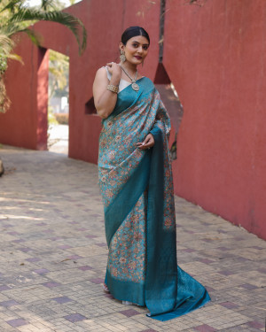 Firoji color soft fancy silk saree with digital printed work