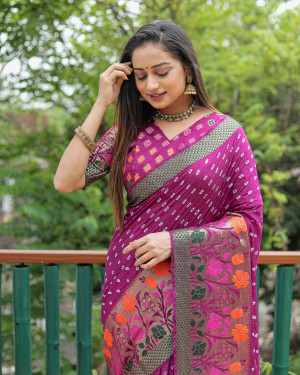 Magenta color bandhej silk saree with woven design