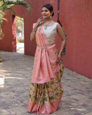 Gajari color soft fancy silk saree with digital printed work