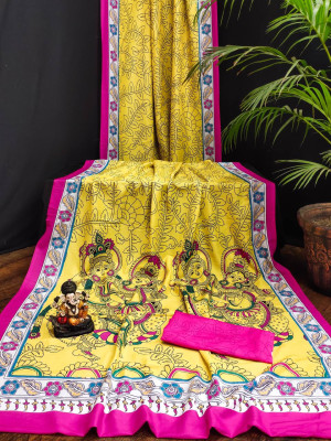 Yellow color muslin silk saree with kalamkari printed work