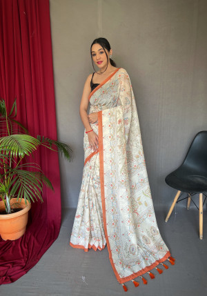 Off white and orange color soft cotton saree with digital printed work