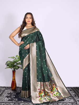 Drak green color paithani silk saree with zari weaving work