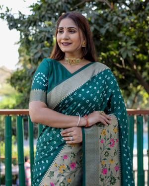 Bottle green color bandhej silk saree with zari weaving work