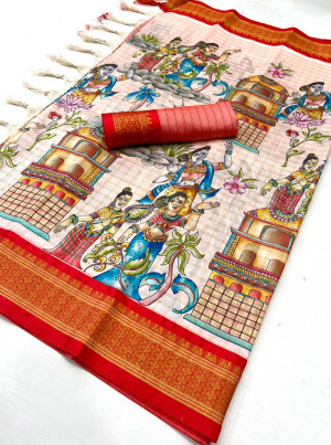 Off white and red color soft cotton silk saree with digital printed work