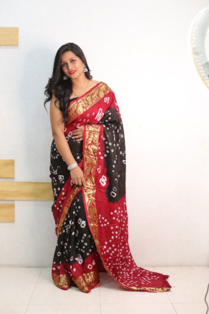 Black and red color bandhej silk saree with zari weaving work