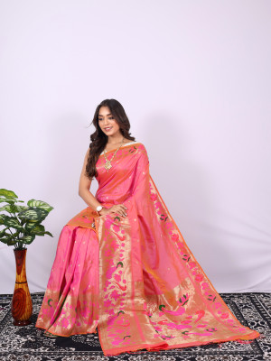 Peach color paithani silk saree with zari woven work