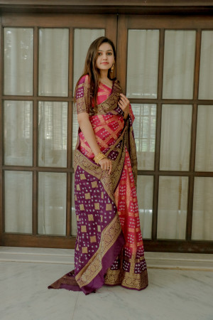 Multi  color bandhej silk saree with zari weaving work