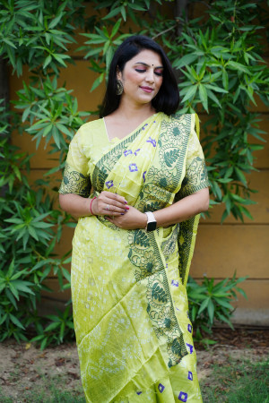 Parrot green color bandhej silk saree with zari weaving work