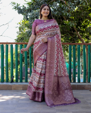 Off white and magenta color linen silk saree with digital printed work
