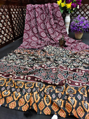 Maroon color soft muslin silk saree with ajrakh printed work