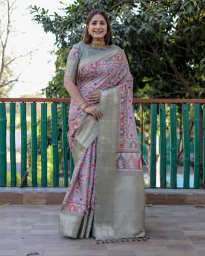 Mahendi green colo linen silk saree with digital printed work