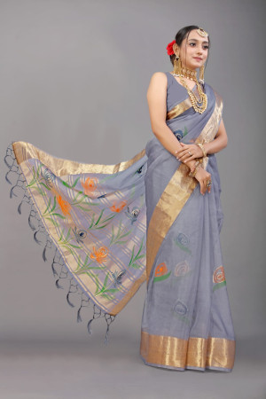 Gray color soft organza silk saree with digital printed work