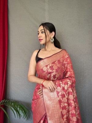 Red color linen silk saree with zari weaving work