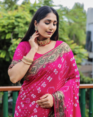 Rani pink color pure hand bandhej silk saree with printed work
