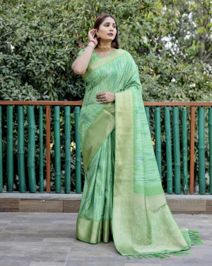 Parrot green color soft cotton silk saree with zari weaving work