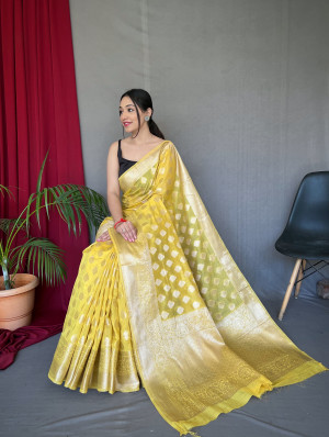 Yellow color linen silk saree with zari weaving work