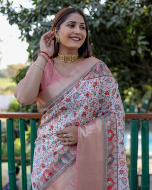 Off white color linen silk saree with digital printed work
