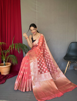 Gajari color linen silk saree with zari weaving work