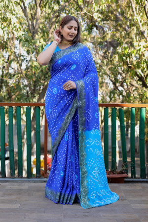 Blue color bandhej silk saree with printed  work