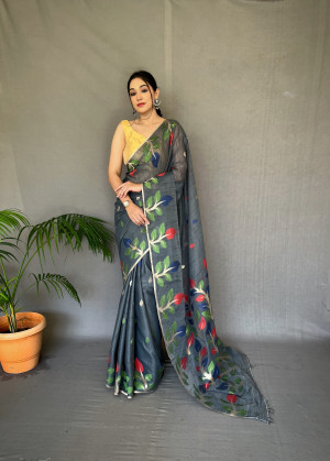 Gray color linen silk saree with woven design